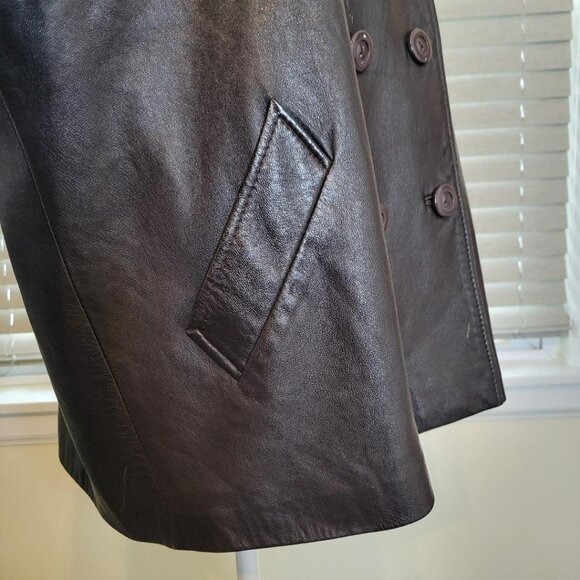 Brown Genuine Leather Sleek Ladies Double Breasted Jacket, Size Large, - Picture 5 of 15